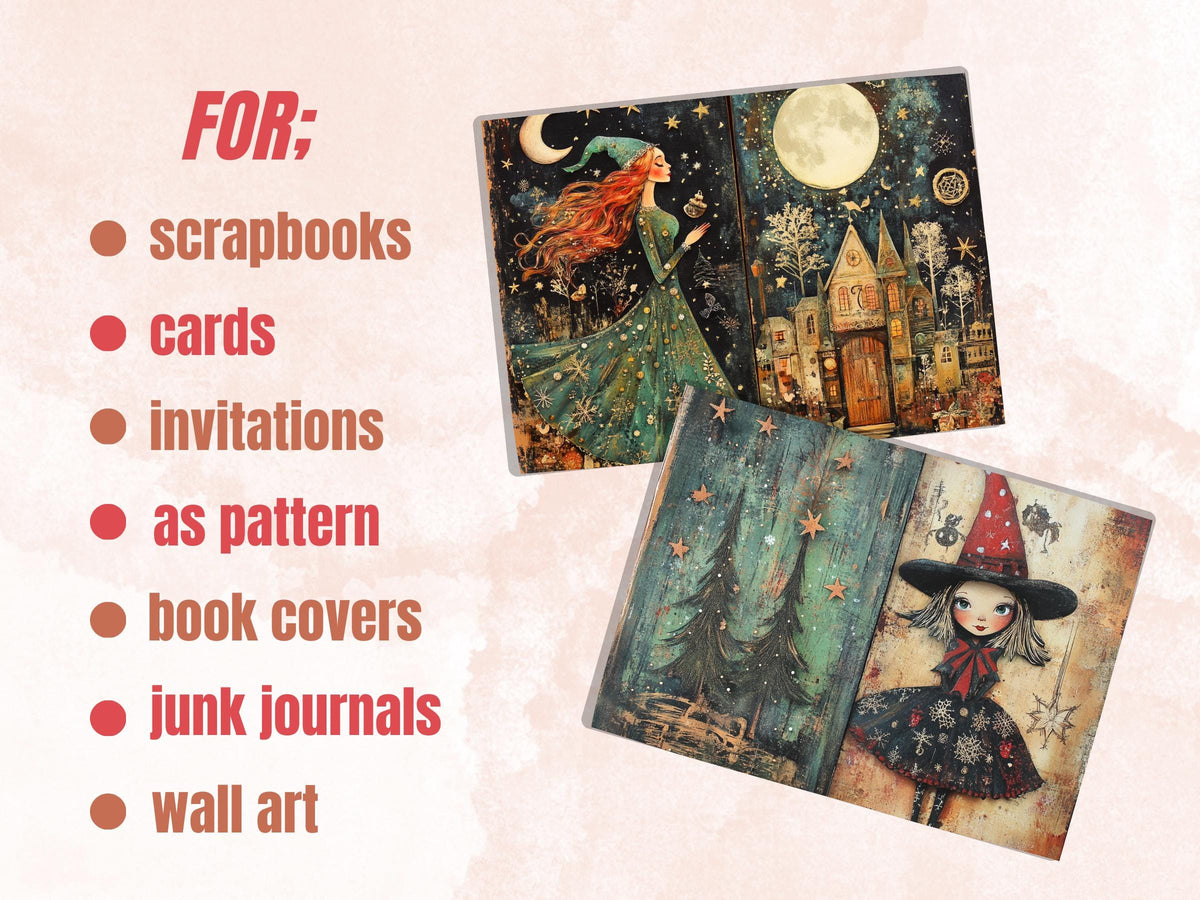 Christmas Witch Junk Journal Kit, Gothic Noel Witchcraft Pages Ephemera, Mixed Media Collage Sheet, Xmas Scrapbook Paper, Christmas ATC Card