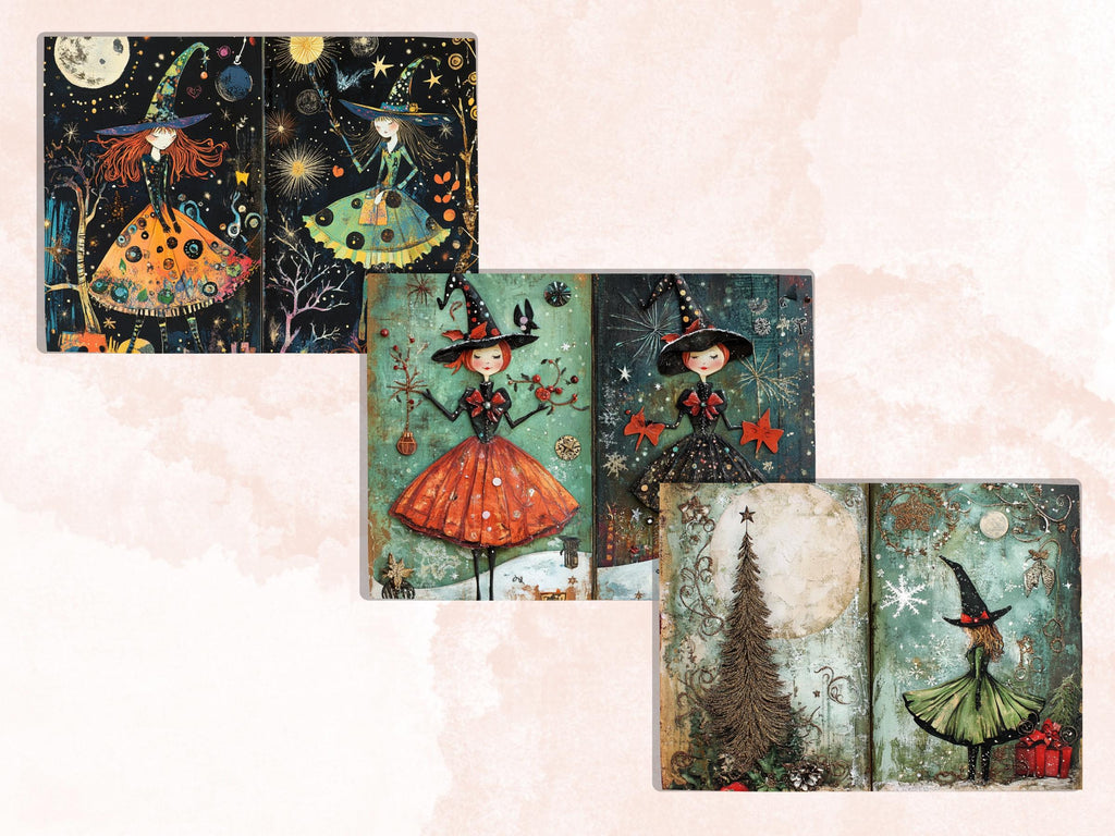 Christmas Witch Junk Journal Kit, Gothic Noel Witchcraft Pages Ephemera, Mixed Media Collage Sheet, Xmas Scrapbook Paper, Christmas ATC Card