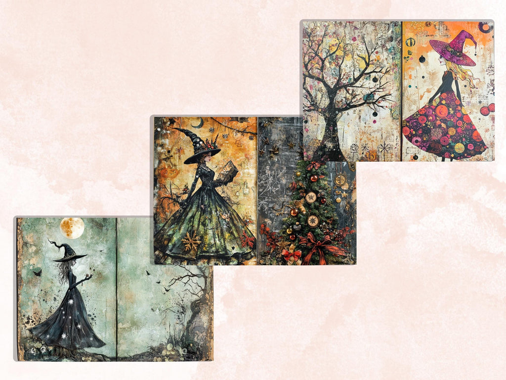 Christmas Witch Junk Journal Kit, Gothic Noel Witchcraft Pages Ephemera, Mixed Media Collage Sheet, Xmas Scrapbook Paper, Christmas ATC Card