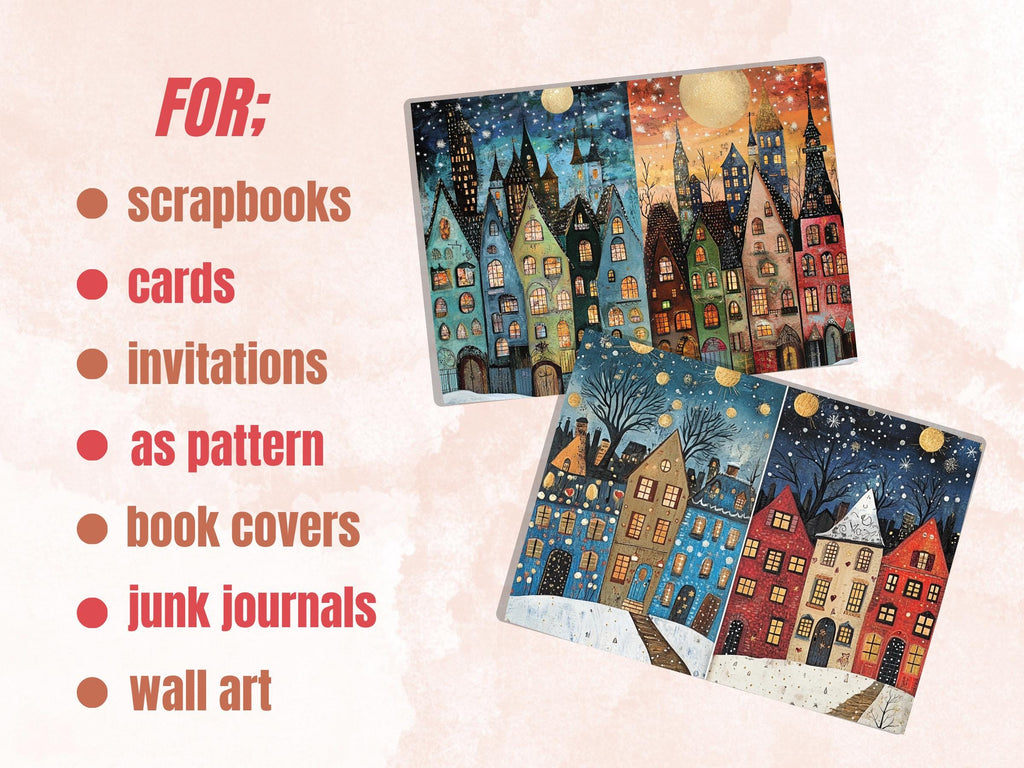 Christmas Houses Junk Journal Kit, Quirky Noel Houses Ephemera, Mixed Media Collage Sheet, Xmas Scrapbook Paper, Winter Christmas ATC Card