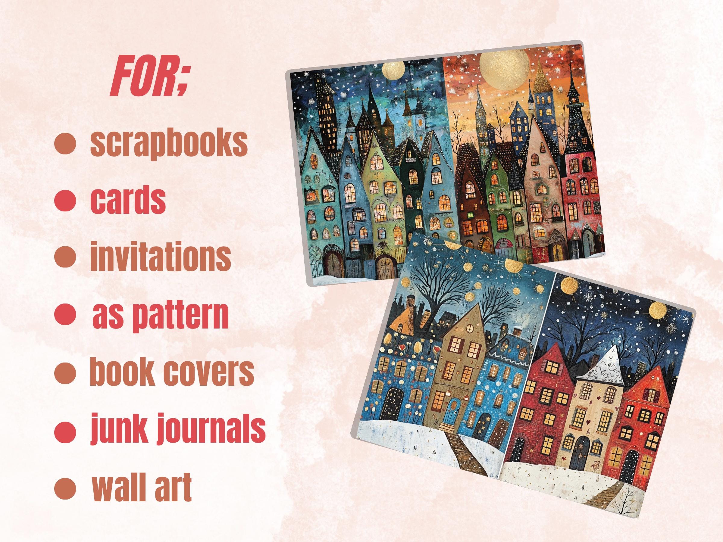 Christmas Houses Junk Journal Kit, Quirky Noel Houses Ephemera, Mixed Media Collage Sheet, Xmas Scrapbook Paper, Winter Christmas ATC Card