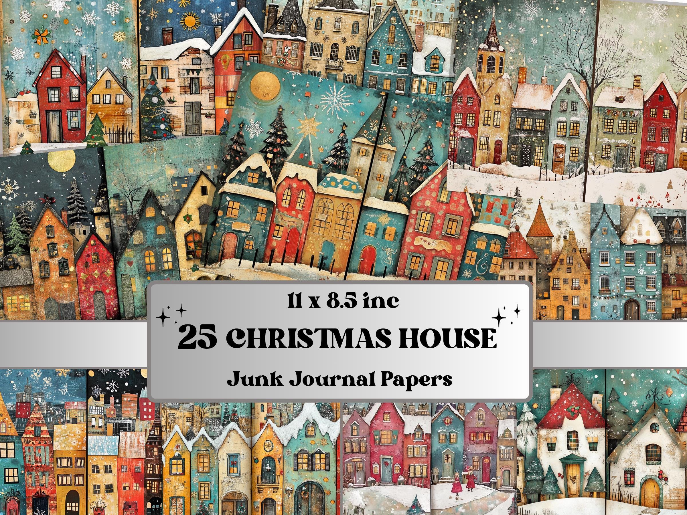 Christmas Houses Junk Journal Kit, Quirky Noel Houses Ephemera, Mixed Media Collage Sheet, Xmas Scrapbook Paper, Winter Christmas ATC Card