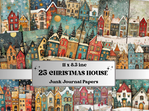 Christmas Houses Junk Journal Kit, Quirky Noel Houses Ephemera, Mixed Media Collage Sheet, Xmas Scrapbook Paper, Winter Christmas ATC Card