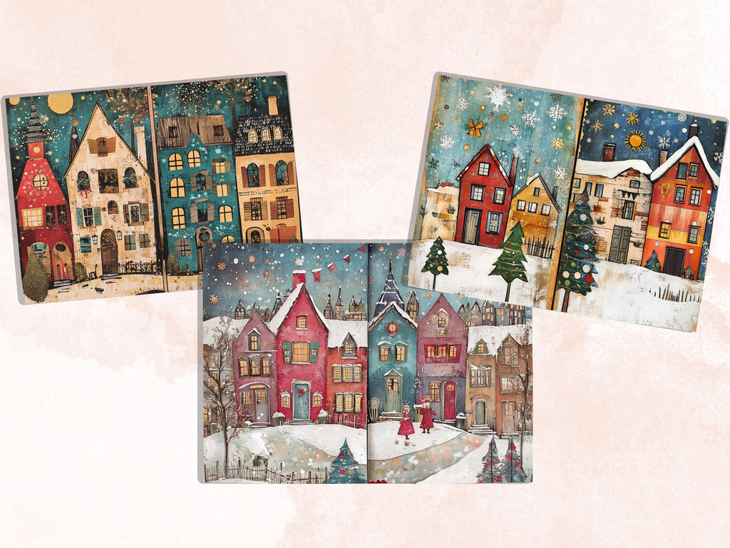 Christmas Houses Junk Journal Kit, Quirky Noel Houses Ephemera, Mixed Media Collage Sheet, Xmas Scrapbook Paper, Winter Christmas ATC Card