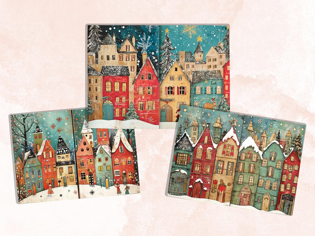 Christmas Houses Junk Journal Kit, Quirky Noel Houses Ephemera, Mixed Media Collage Sheet, Xmas Scrapbook Paper, Winter Christmas ATC Card