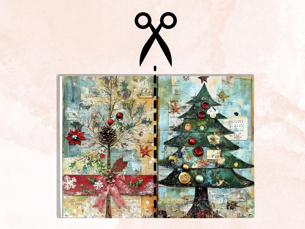 Christmas Tree Junk Journal Kit, Quirky Noel Tree Ephemera, Mixed Media Collage Sheet, Xmas Scrapbook Paper, Whimsical Christmas ATC Card