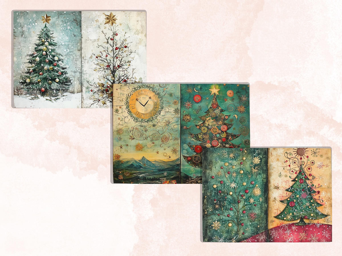 Christmas Tree Junk Journal Kit, Quirky Noel Tree Ephemera, Mixed Media Collage Sheet, Xmas Scrapbook Paper, Whimsical Christmas ATC Card