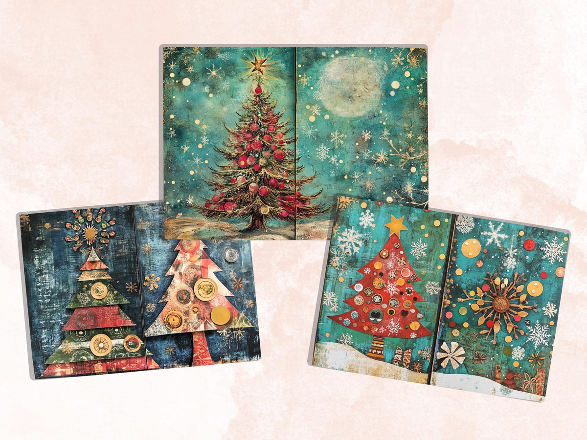 Christmas Tree Junk Journal Kit, Quirky Noel Tree Ephemera, Mixed Media Collage Sheet, Xmas Scrapbook Paper, Whimsical Christmas ATC Card