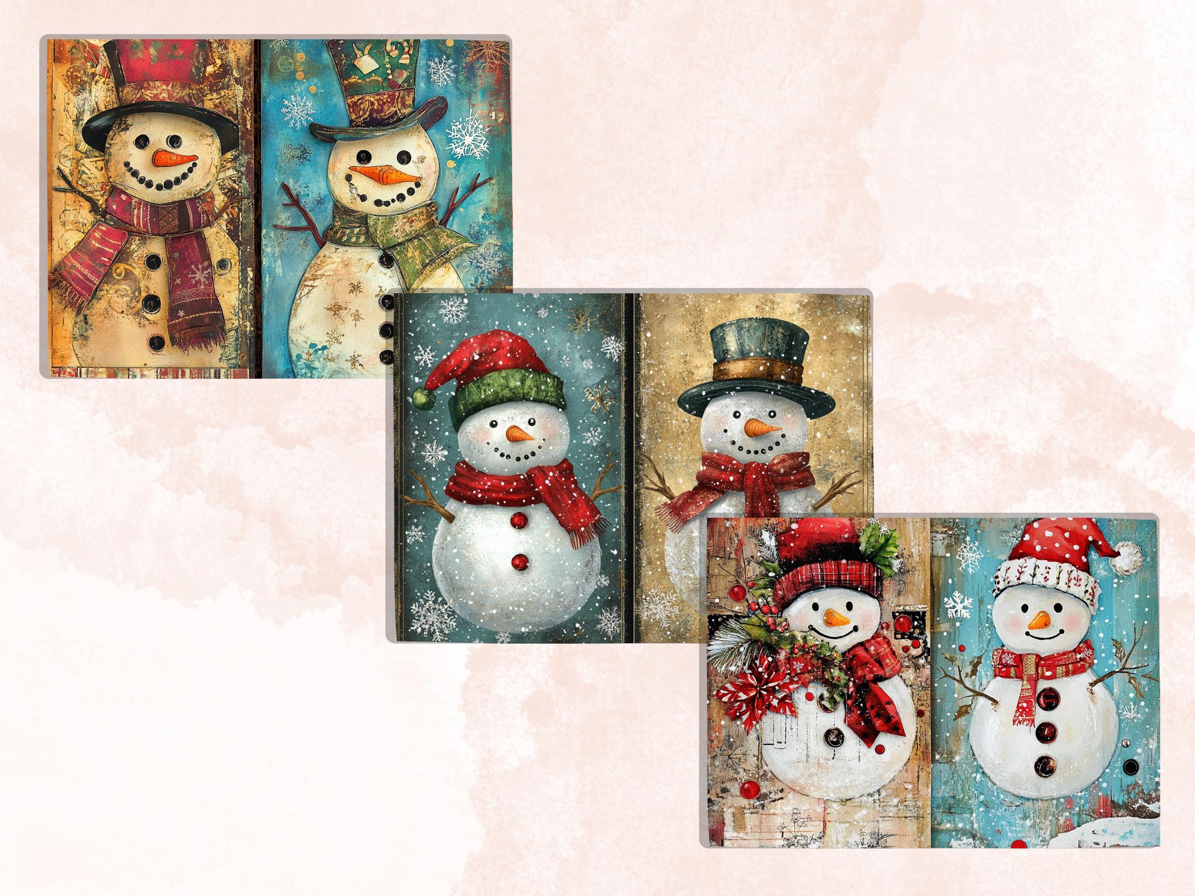 Christmas Snowman Junk Journal Kit, Whimsical Noel Ephemera, Mixed Media Collage Sheet, Xmas Scrapbook Paper, Winter Christmas ATC Card