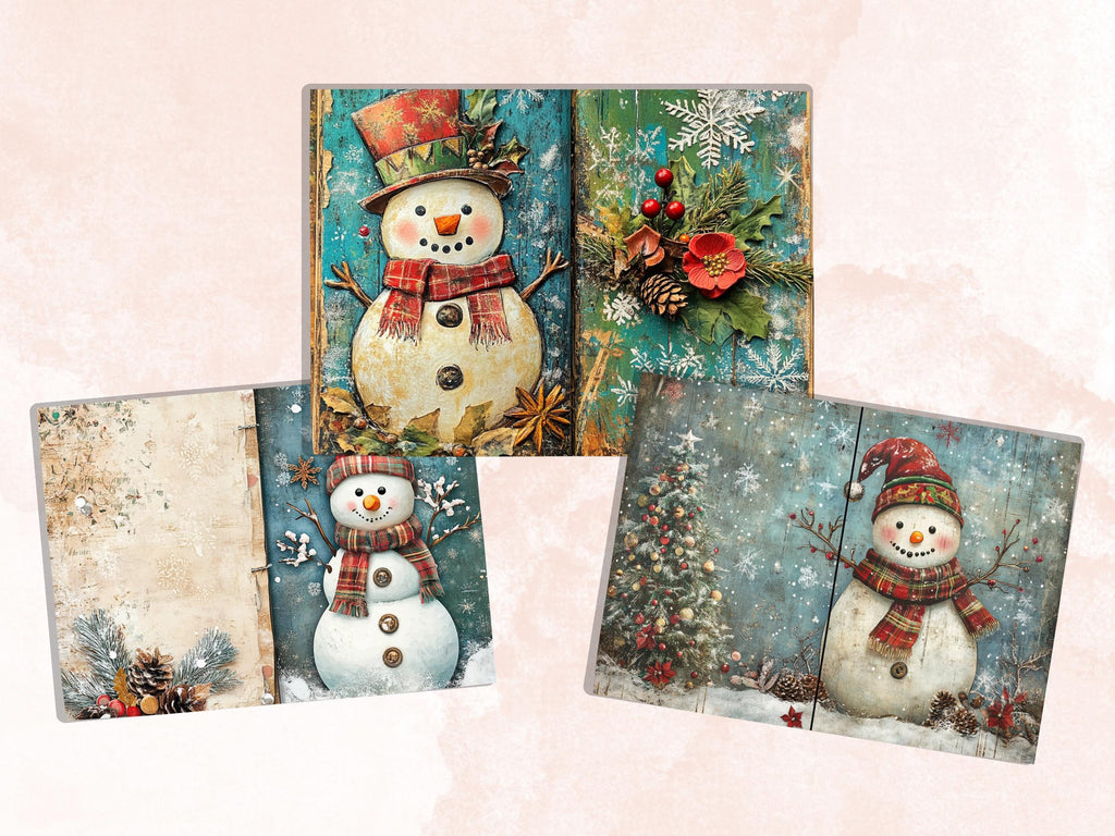 Christmas Snowman Junk Journal Kit, Whimsical Noel Ephemera, Mixed Media Collage Sheet, Xmas Scrapbook Paper, Winter Christmas ATC Card