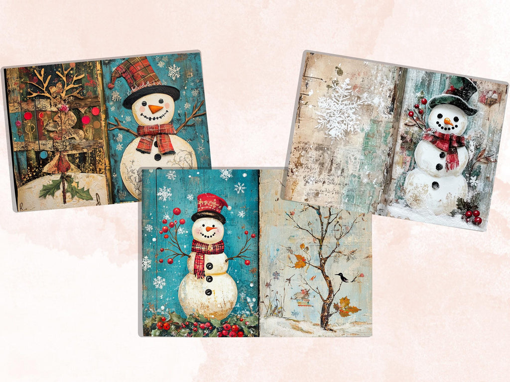 Christmas Snowman Junk Journal Kit, Whimsical Noel Ephemera, Mixed Media Collage Sheet, Xmas Scrapbook Paper, Winter Christmas ATC Card