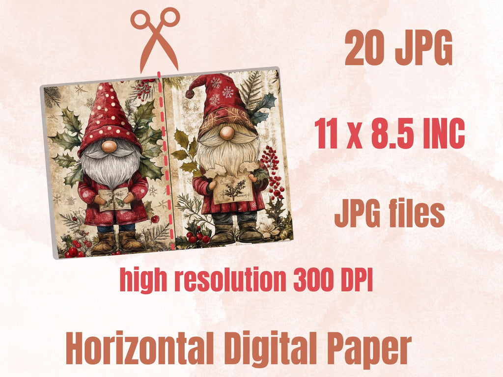 Christmas Garden Gnome Junk Journal Kit, Whimsical Gnome Ephemera, Mixed Media Noel Collage Sheet, Xmas Scrapbook Paper, Christmas ATC Card