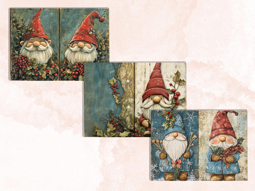 Christmas Garden Gnome Junk Journal Kit, Whimsical Gnome Ephemera, Mixed Media Noel Collage Sheet, Xmas Scrapbook Paper, Christmas ATC Card