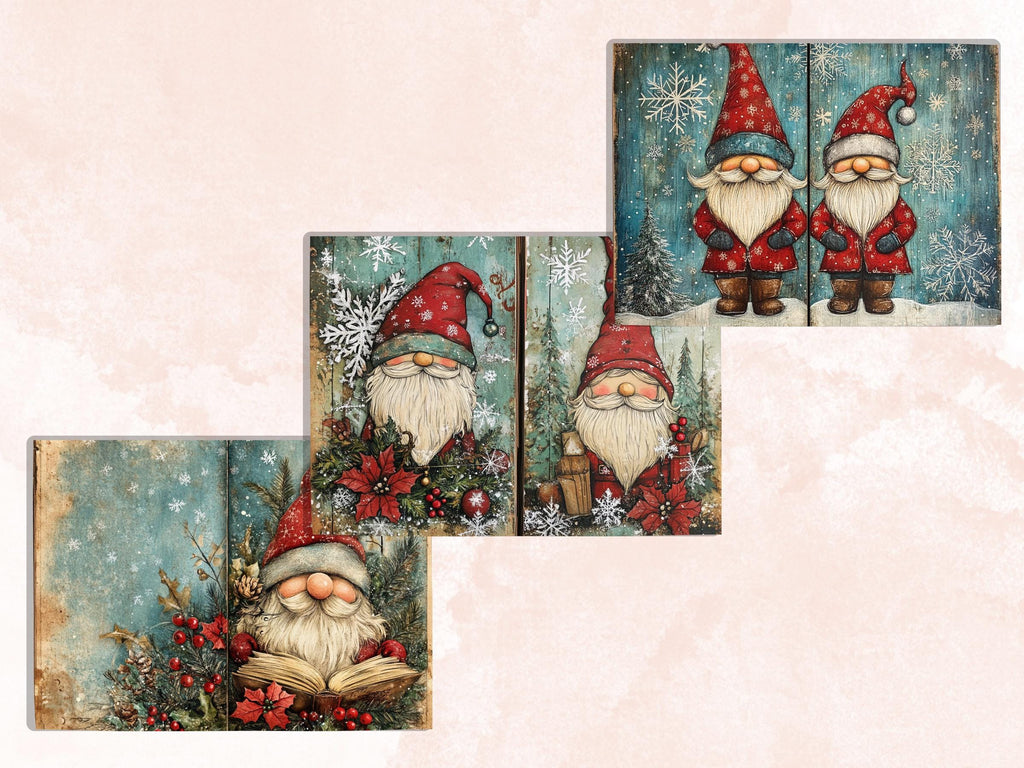 Christmas Garden Gnome Junk Journal Kit, Whimsical Gnome Ephemera, Mixed Media Noel Collage Sheet, Xmas Scrapbook Paper, Christmas ATC Card