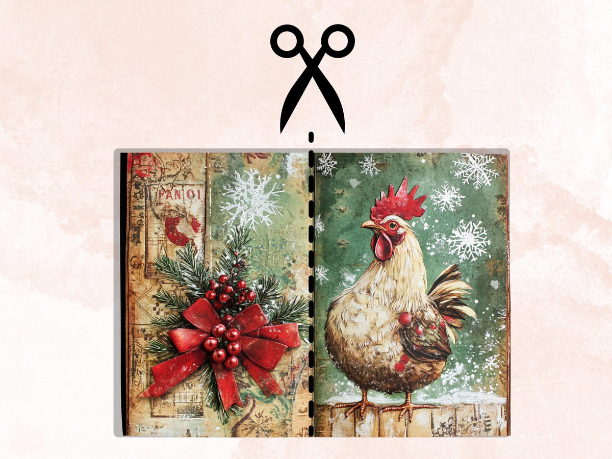 Christmas Chicken Junk Journal Kit, Whimsical Noel Farm Ephemera, Mixed Media Collage Sheet, Xmas Scrapbook Paper, Winter Christmas ATC Card