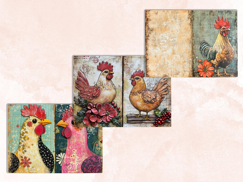Christmas Chicken Junk Journal Kit, Whimsical Noel Farm Ephemera, Mixed Media Collage Sheet, Xmas Scrapbook Paper, Winter Christmas ATC Card