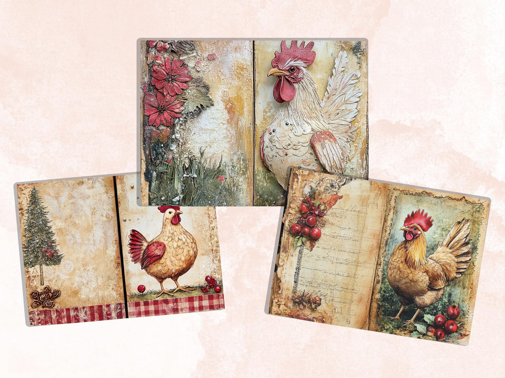 Christmas Chicken Junk Journal Kit, Whimsical Noel Farm Ephemera, Mixed Media Collage Sheet, Xmas Scrapbook Paper, Winter Christmas ATC Card