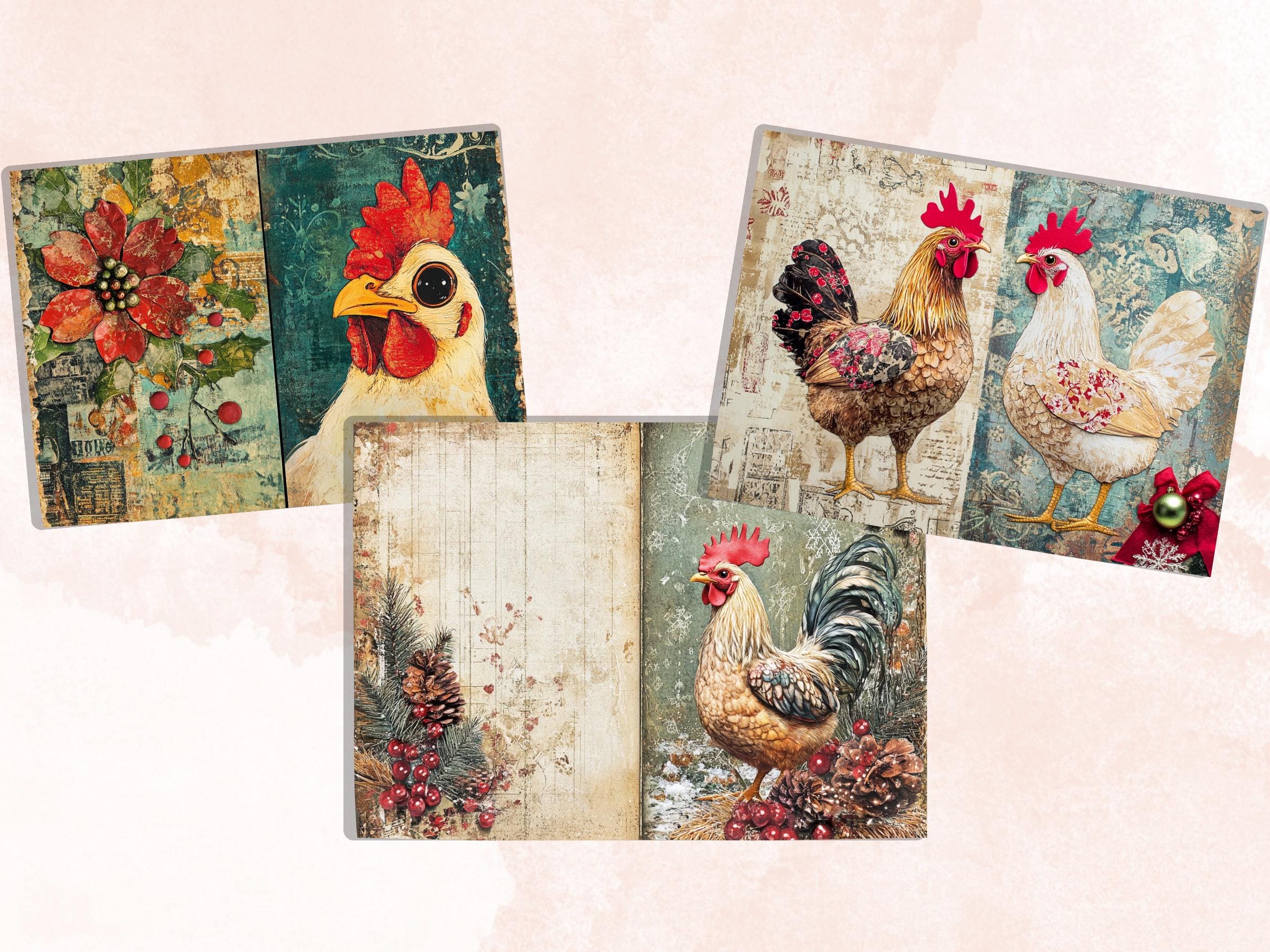 Christmas Chicken Junk Journal Kit, Whimsical Noel Farm Ephemera, Mixed Media Collage Sheet, Xmas Scrapbook Paper, Winter Christmas ATC Card