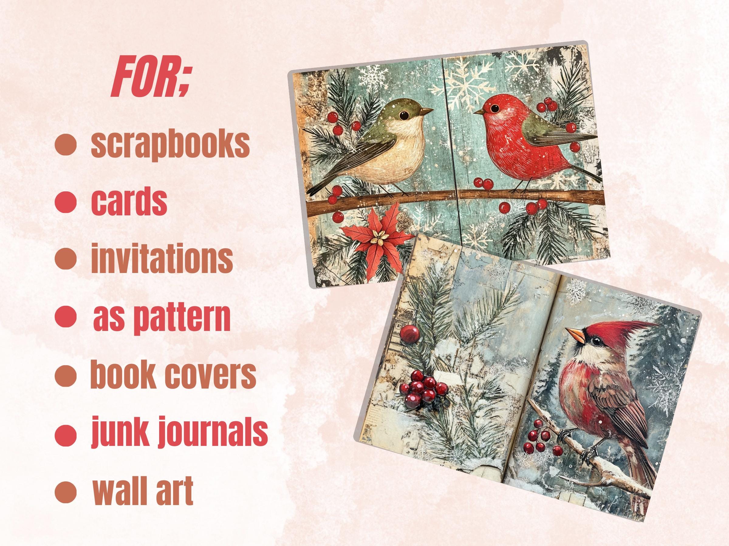 Christmas Bird Junk Journal Kit, Winter Hummingbird Ephemera, Mixed Media Collage Sheet, Xmas Scrapbook Paper, Quirky Christmas ATC Card