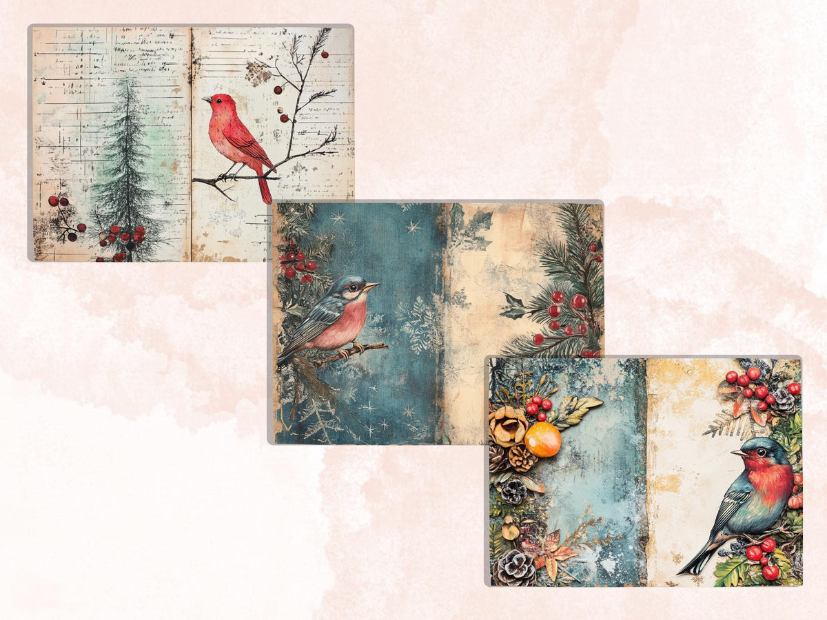 Christmas Bird Junk Journal Kit, Winter Hummingbird Ephemera, Mixed Media Collage Sheet, Xmas Scrapbook Paper, Quirky Christmas ATC Card