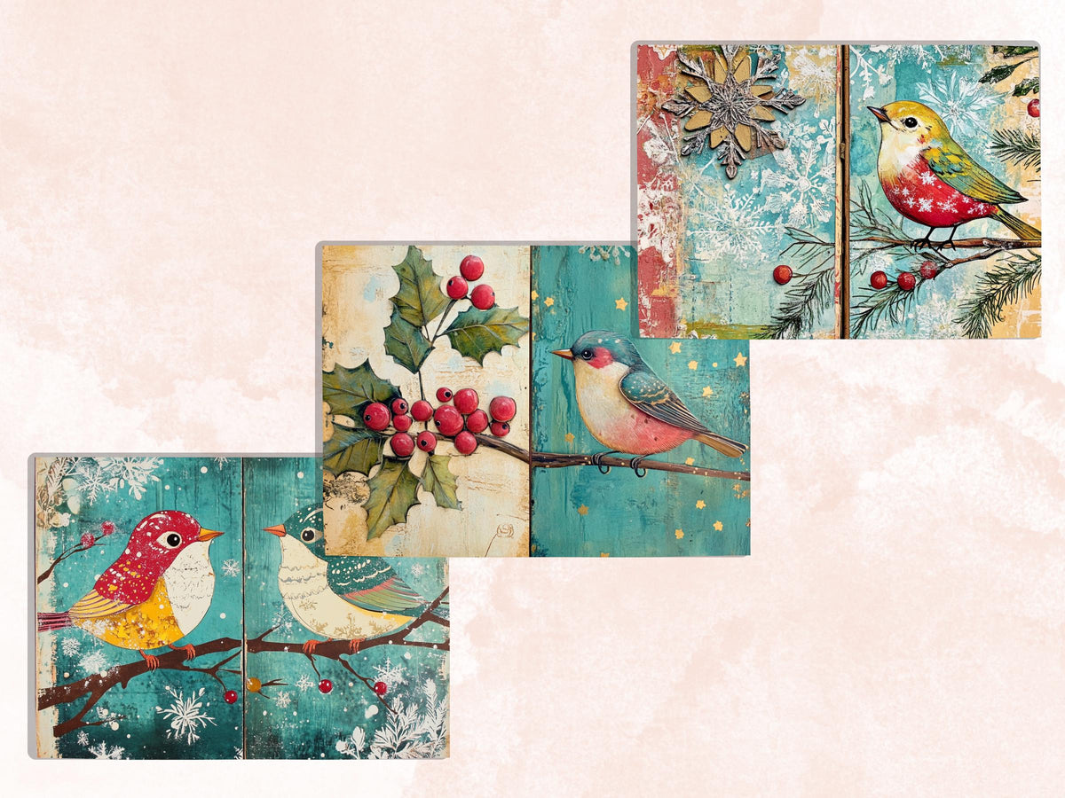 Christmas Bird Junk Journal Kit, Winter Hummingbird Ephemera, Mixed Media Collage Sheet, Xmas Scrapbook Paper, Quirky Christmas ATC Card