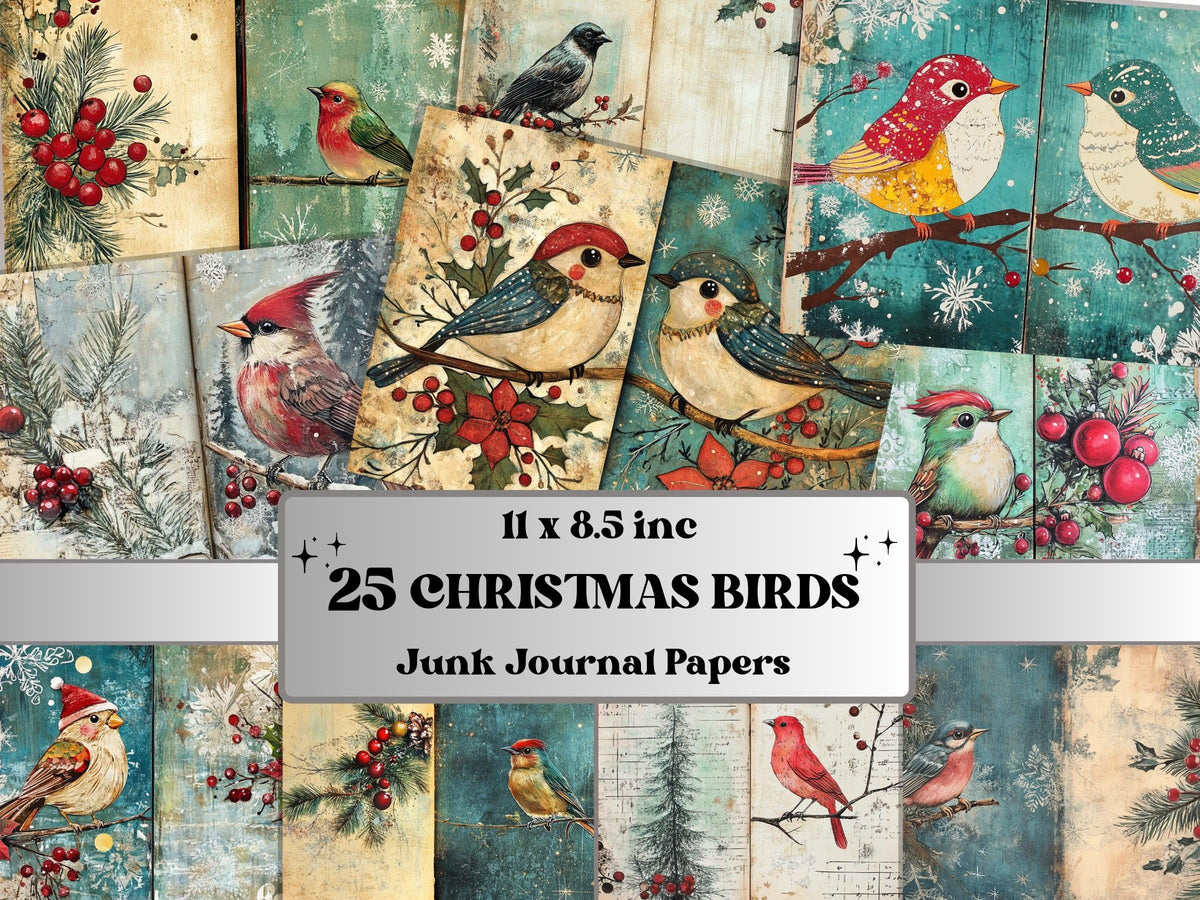 Christmas Bird Junk Journal Kit, Winter Hummingbird Ephemera, Mixed Media Collage Sheet, Xmas Scrapbook Paper, Quirky Christmas ATC Card