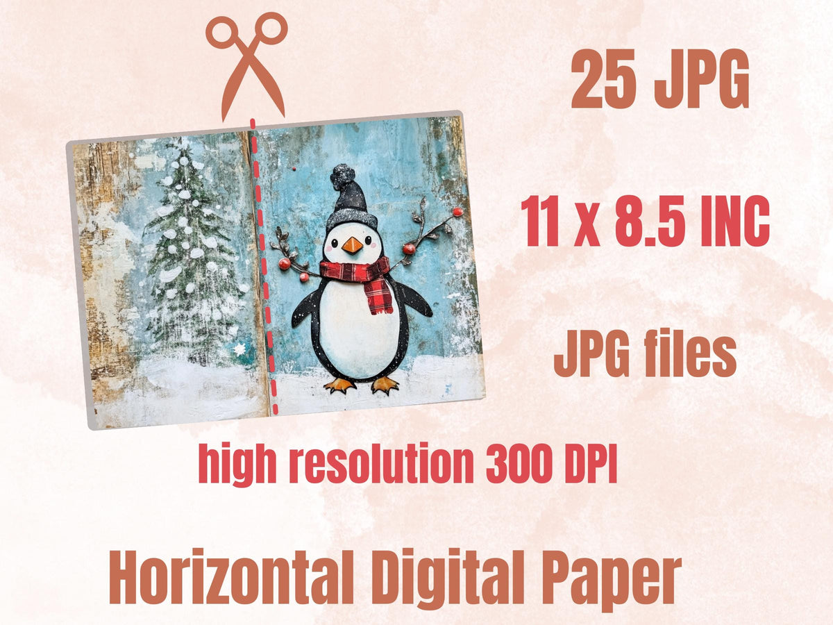 Christmas Penguin Junk Journal Kit, Winter Penguin Ephemera Pages, Mixed Media Collage Sheet, Xmas Scrapbook Paper, Snowy Christmas ATC Card