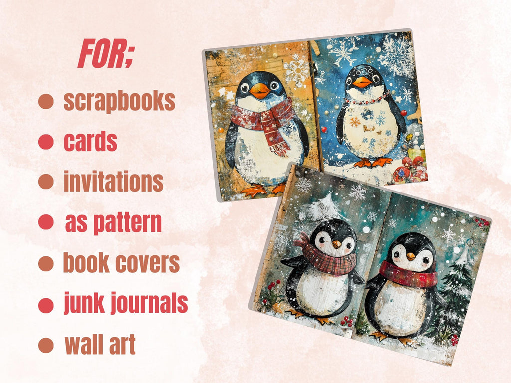 Christmas Penguin Junk Journal Kit, Winter Penguin Ephemera Pages, Mixed Media Collage Sheet, Xmas Scrapbook Paper, Snowy Christmas ATC Card