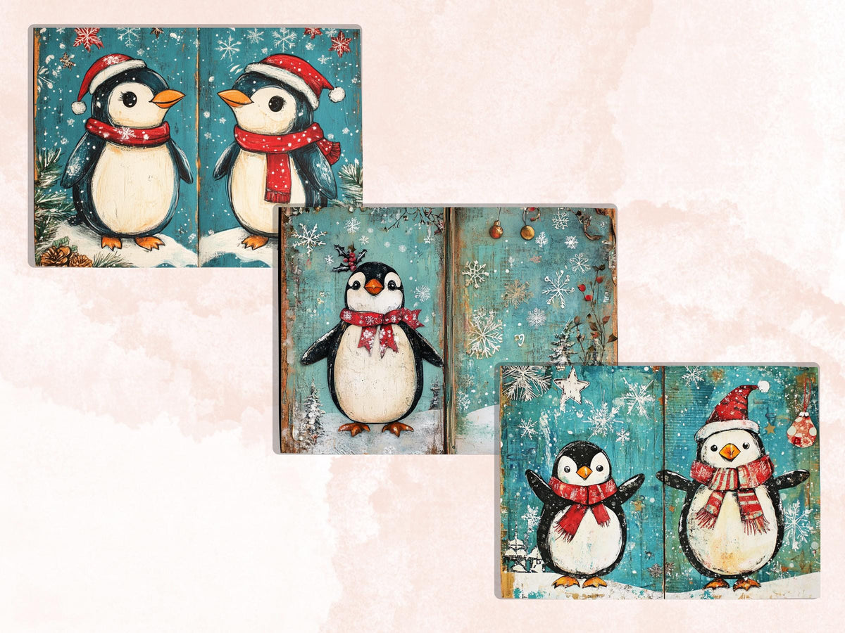 Christmas Penguin Junk Journal Kit, Winter Penguin Ephemera Pages, Mixed Media Collage Sheet, Xmas Scrapbook Paper, Snowy Christmas ATC Card