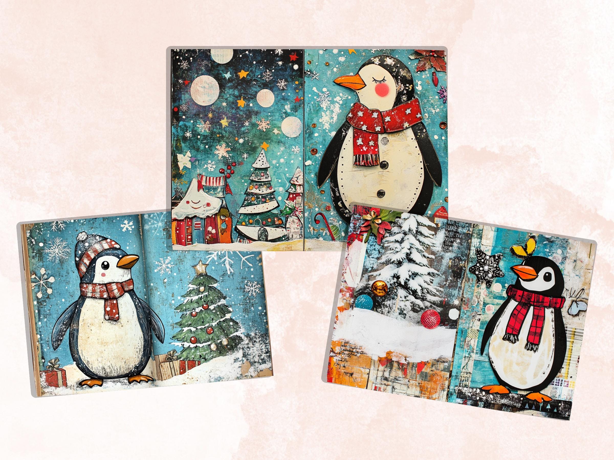 Christmas Penguin Junk Journal Kit, Winter Penguin Ephemera Pages, Mixed Media Collage Sheet, Xmas Scrapbook Paper, Snowy Christmas ATC Card
