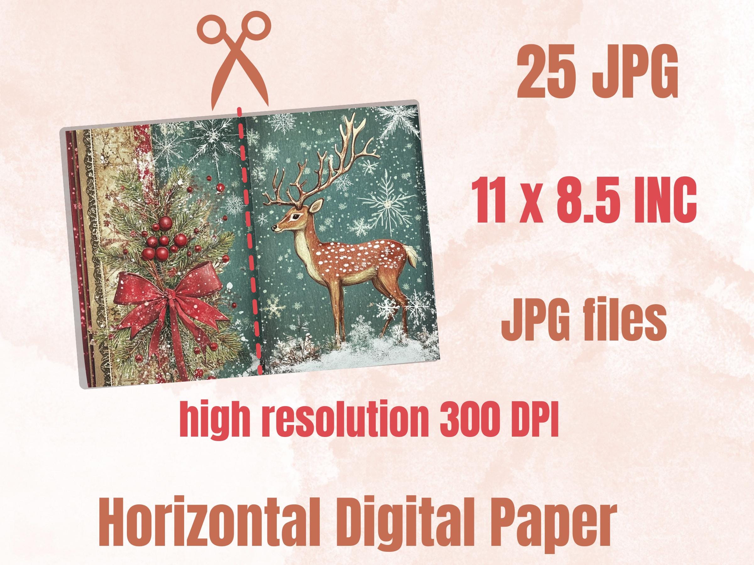 Christmas Deer Junk Journal Kit, Winter Reindeer Ephemera Pages, Mixed Media Collage Sheet, Xmas Scrapbook Paper, Snowy Christmas ATC Card