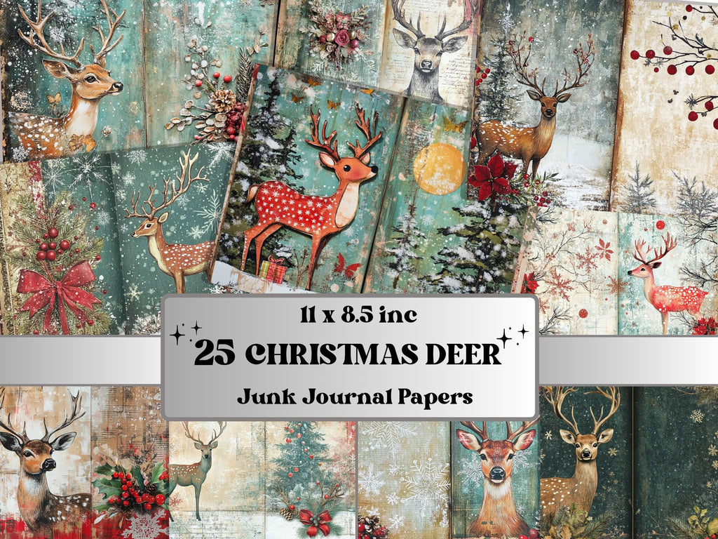 Christmas Deer Junk Journal Kit, Winter Reindeer Ephemera Pages, Mixed Media Collage Sheet, Xmas Scrapbook Paper, Snowy Christmas ATC Card