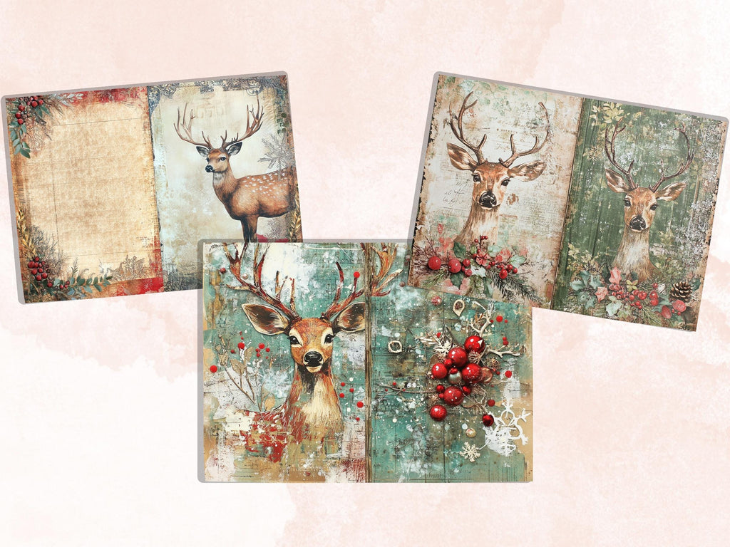 Christmas Deer Junk Journal Kit, Winter Reindeer Ephemera Pages, Mixed Media Collage Sheet, Xmas Scrapbook Paper, Snowy Christmas ATC Card