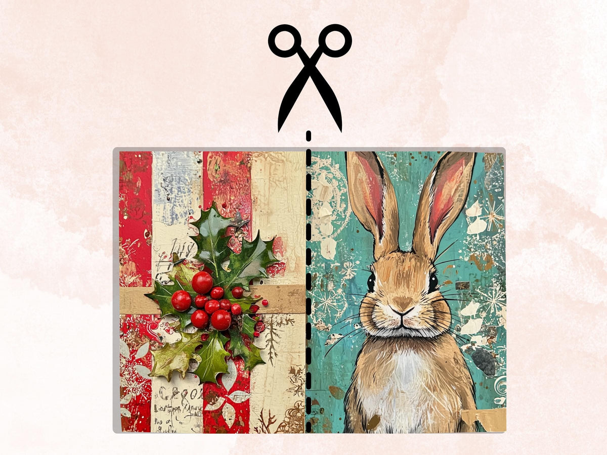 Fairytale Christmas Rabbit Junk Journal Kit, Winter Bunny Ephemera, Mixed Media Collage Sheet, Xmas Scrapbook Paper, Cute Christmas ATC Card