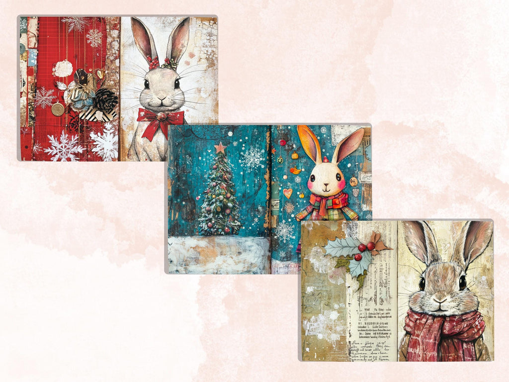 Fairytale Christmas Rabbit Junk Journal Kit, Winter Bunny Ephemera, Mixed Media Collage Sheet, Xmas Scrapbook Paper, Cute Christmas ATC Card
