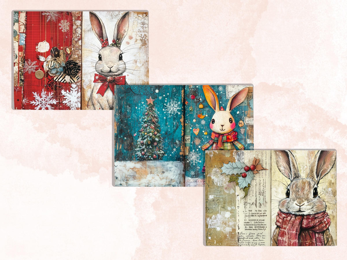 Fairytale Christmas Rabbit Junk Journal Kit, Winter Bunny Ephemera, Mixed Media Collage Sheet, Xmas Scrapbook Paper, Cute Christmas ATC Card