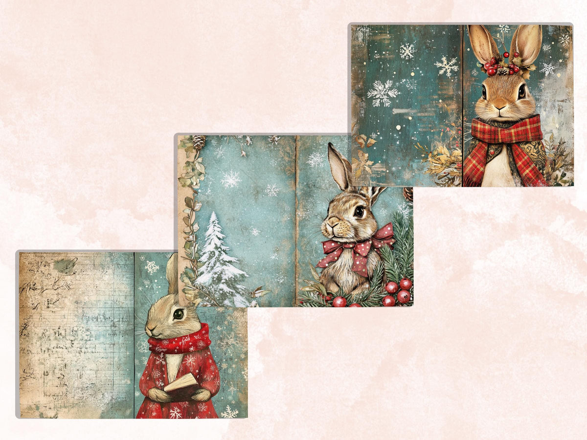 Fairytale Christmas Rabbit Junk Journal Kit, Winter Bunny Ephemera, Mixed Media Collage Sheet, Xmas Scrapbook Paper, Cute Christmas ATC Card