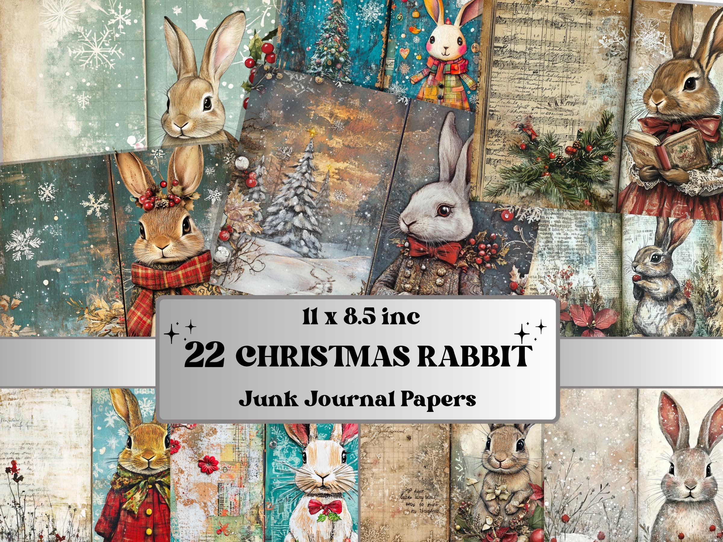 Fairytale Christmas Rabbit Junk Journal Kit, Winter Bunny Ephemera, Mixed Media Collage Sheet, Xmas Scrapbook Paper, Cute Christmas ATC Card