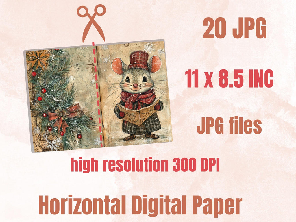 Fairytale Christmas Mouse Junk Journal Kit, Winter Mice Ephemera, Mixed Media Collage Sheet, Xmas Scrapbook Paper, Cute Christmas ATC Card