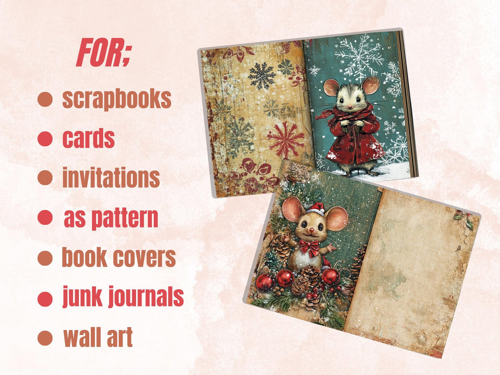 Fairytale Christmas Mouse Junk Journal Kit, Winter Mice Ephemera, Mixed Media Collage Sheet, Xmas Scrapbook Paper, Cute Christmas ATC Card