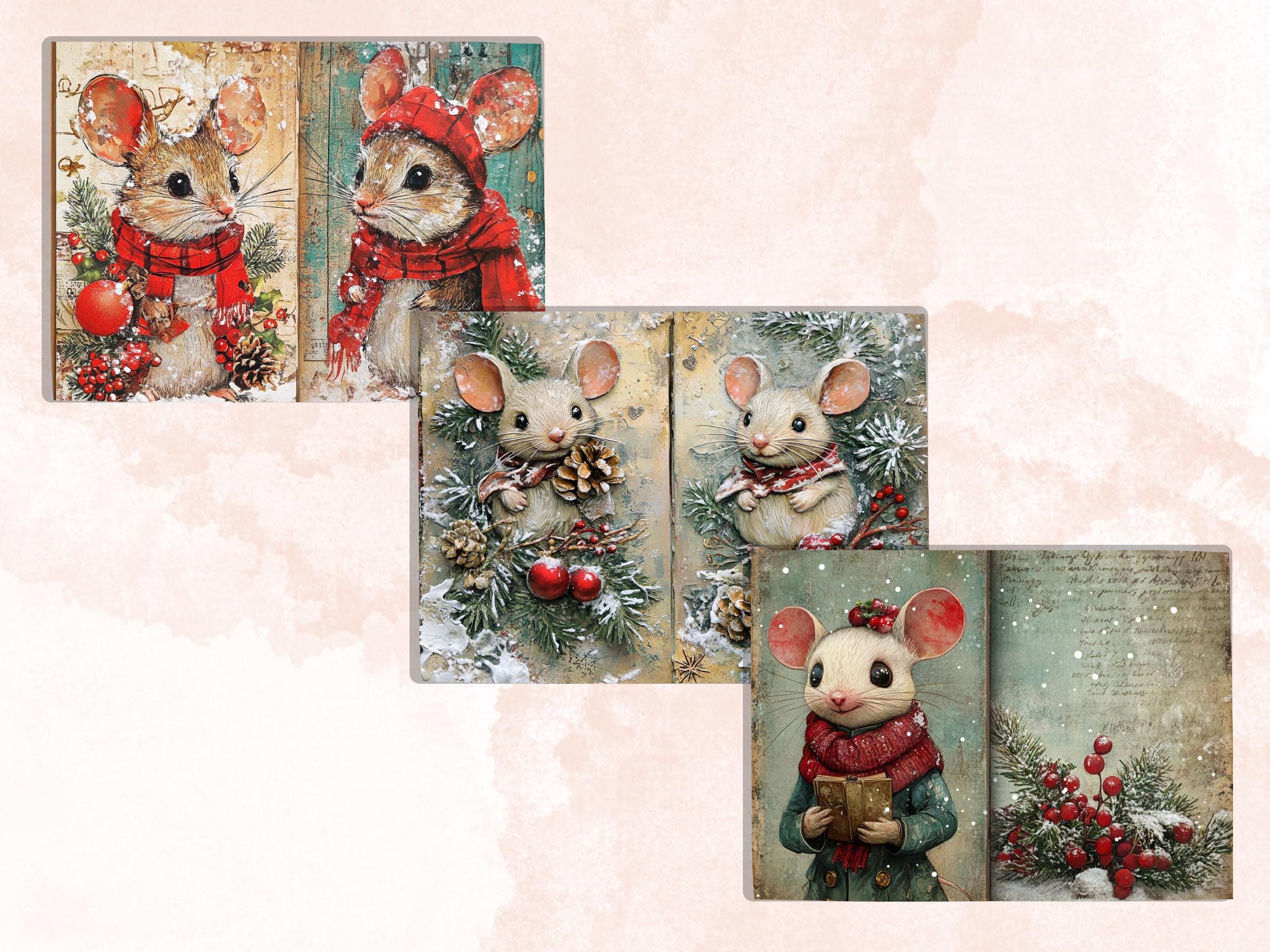 Fairytale Christmas Mouse Junk Journal Kit, Winter Mice Ephemera, Mixed Media Collage Sheet, Xmas Scrapbook Paper, Cute Christmas ATC Card