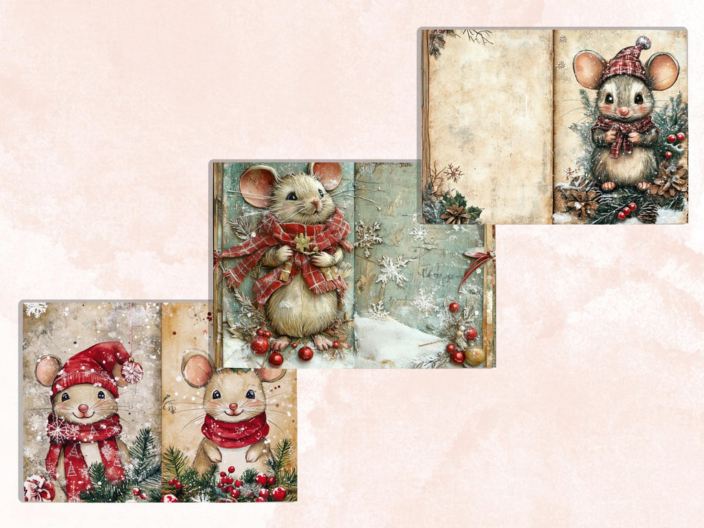 Fairytale Christmas Mouse Junk Journal Kit, Winter Mice Ephemera, Mixed Media Collage Sheet, Xmas Scrapbook Paper, Cute Christmas ATC Card