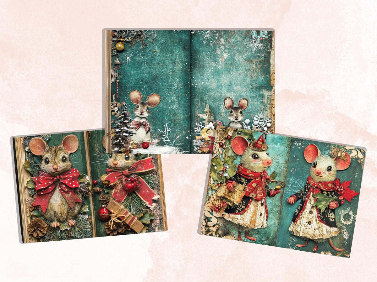 Fairytale Christmas Mouse Junk Journal Kit, Winter Mice Ephemera, Mixed Media Collage Sheet, Xmas Scrapbook Paper, Cute Christmas ATC Card