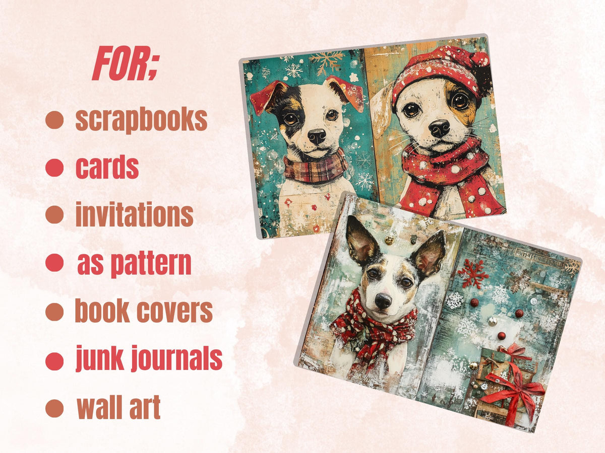 Whimsical Christmas Dog Junk Journal Kit, Winter Noel Ephemera, Mixed Media Collage Sheet, Xmas Scrapbook Paper, Cute Christmas ATC Card