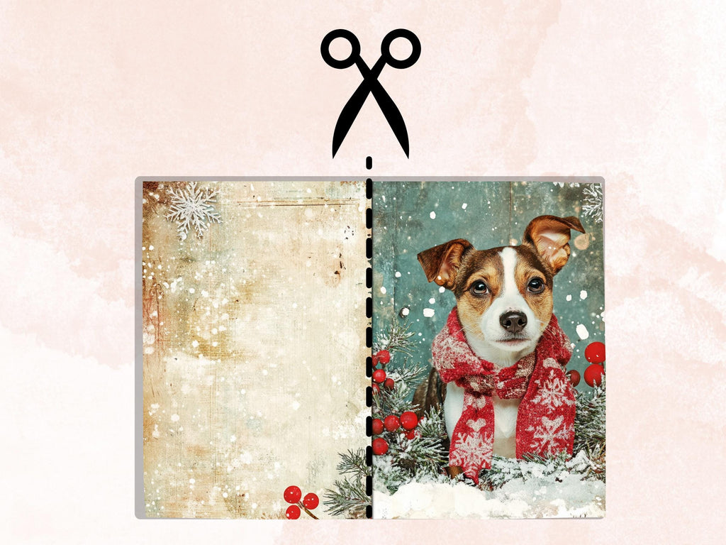 Whimsical Christmas Dog Junk Journal Kit, Winter Noel Ephemera, Mixed Media Collage Sheet, Xmas Scrapbook Paper, Cute Christmas ATC Card