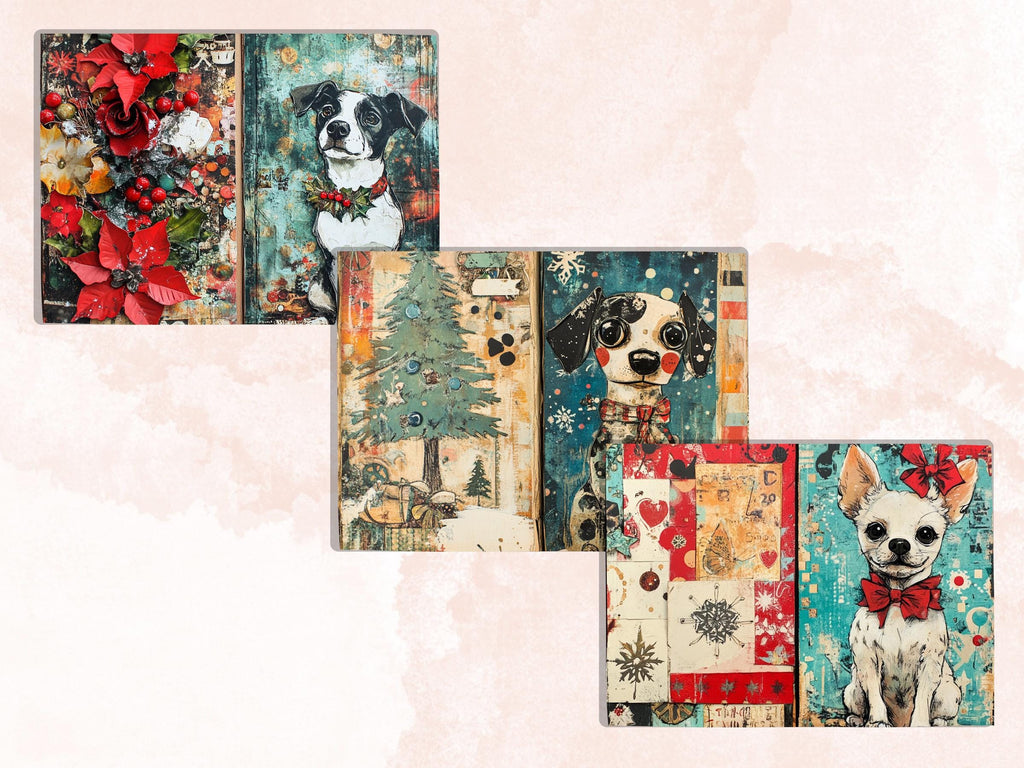 Whimsical Christmas Dog Junk Journal Kit, Winter Noel Ephemera, Mixed Media Collage Sheet, Xmas Scrapbook Paper, Cute Christmas ATC Card