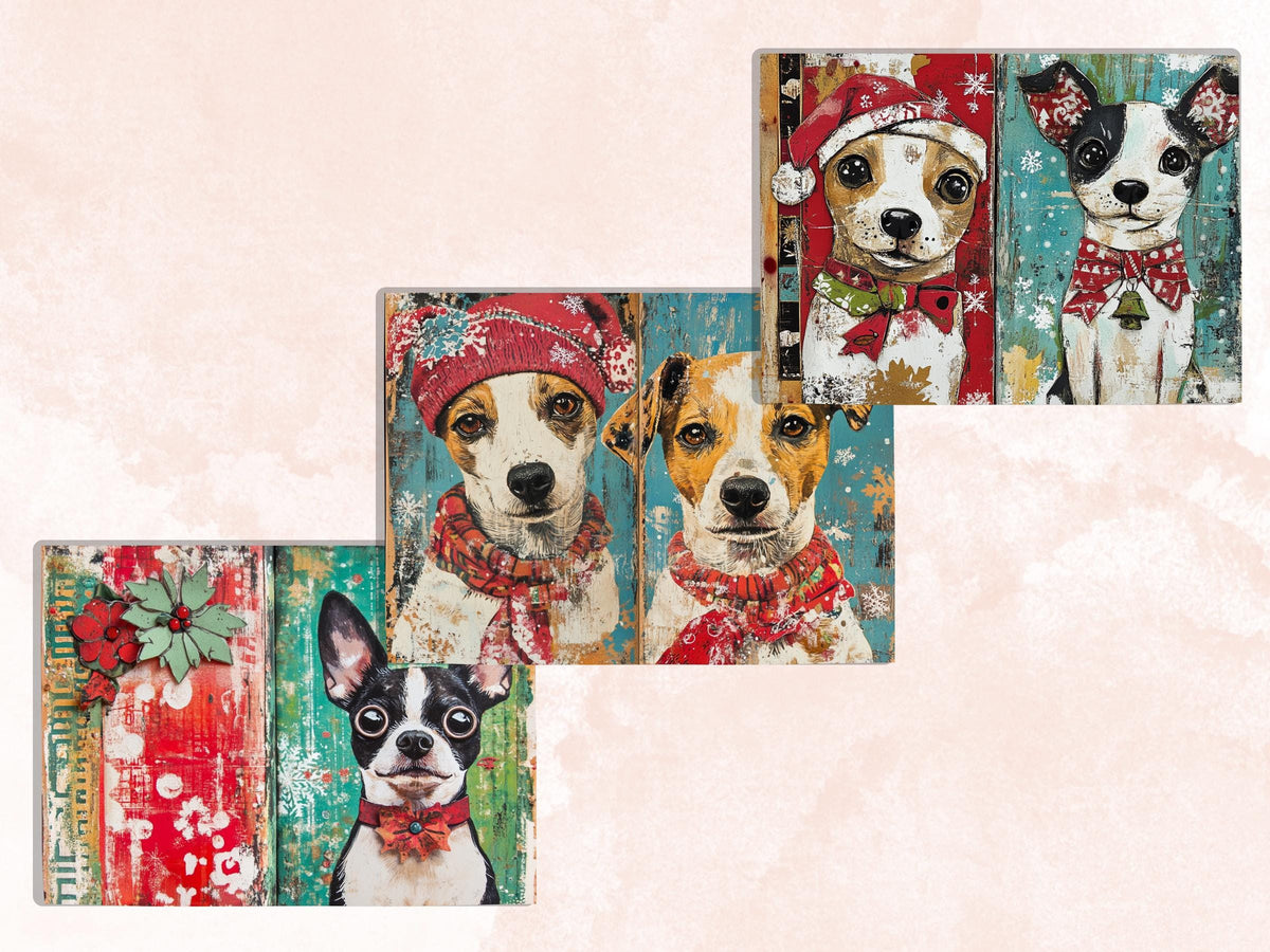Whimsical Christmas Dog Junk Journal Kit, Winter Noel Ephemera, Mixed Media Collage Sheet, Xmas Scrapbook Paper, Cute Christmas ATC Card