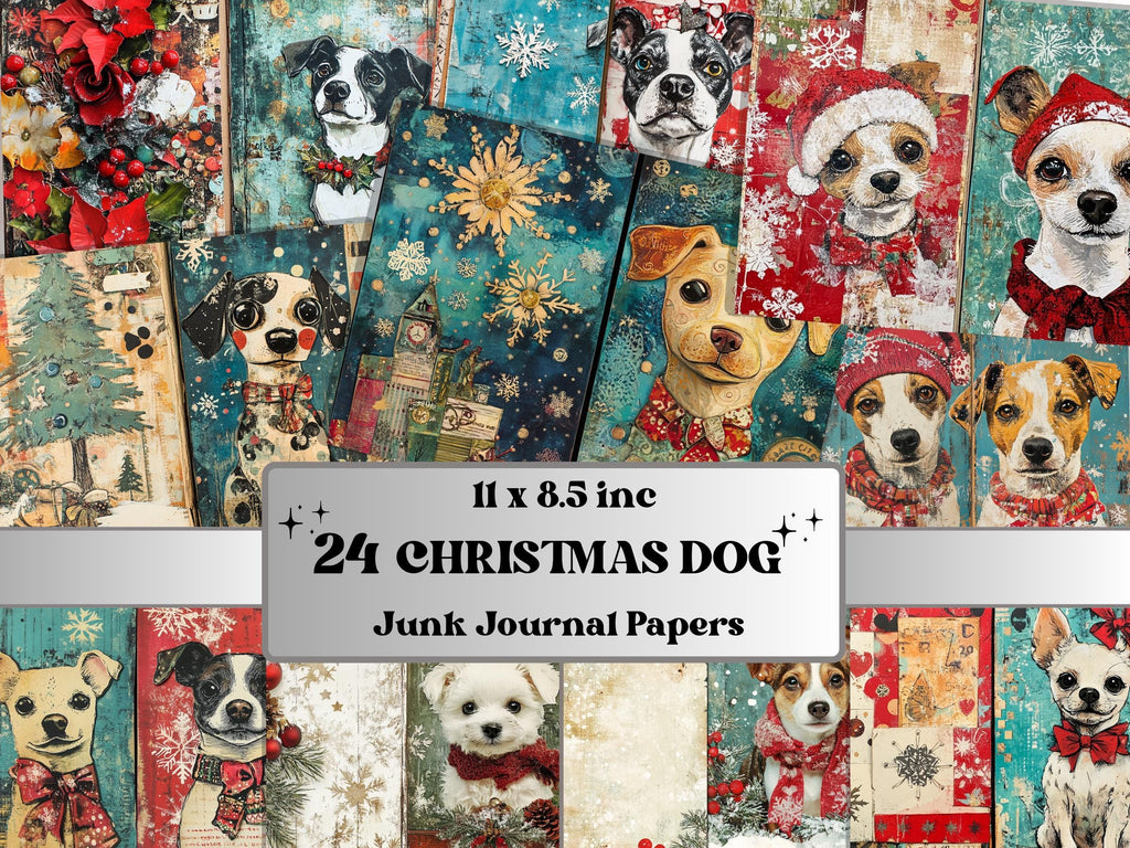 Whimsical Christmas Dog Junk Journal Kit, Winter Noel Ephemera, Mixed Media Collage Sheet, Xmas Scrapbook Paper, Cute Christmas ATC Card