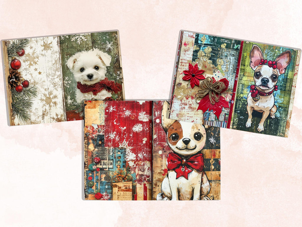 Whimsical Christmas Dog Junk Journal Kit, Winter Noel Ephemera, Mixed Media Collage Sheet, Xmas Scrapbook Paper, Cute Christmas ATC Card