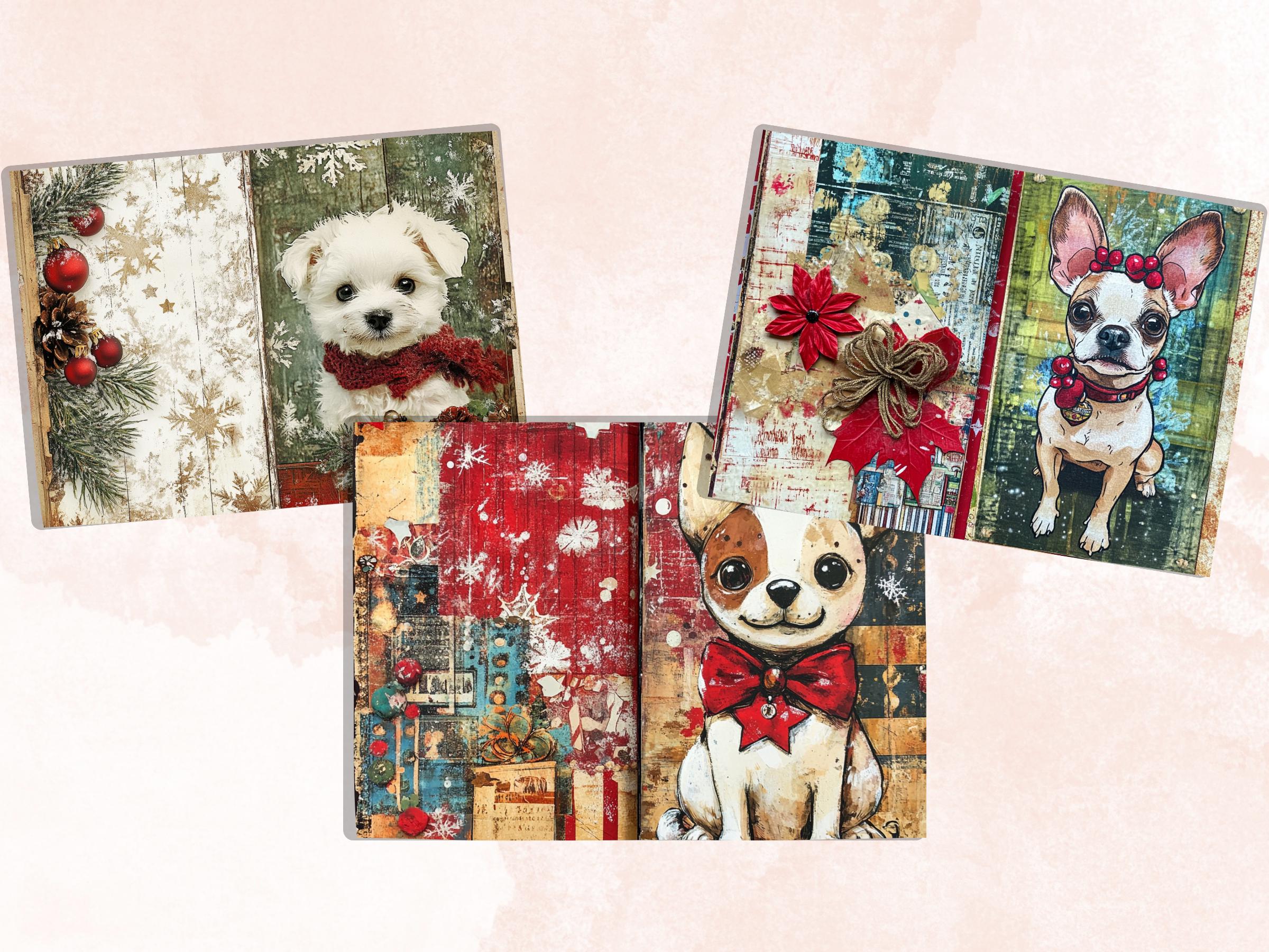 Whimsical Christmas Dog Junk Journal Kit, Winter Noel Ephemera, Mixed Media Collage Sheet, Xmas Scrapbook Paper, Cute Christmas ATC Card